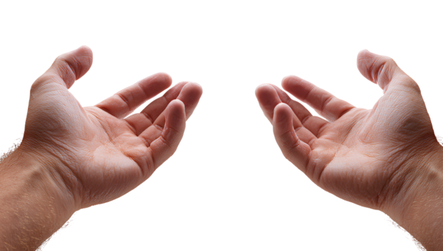 Offering hands on transparent background showing empty open palms ready to receive presenting or giving something studio shot