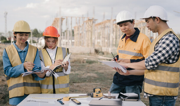 Male and female engineers who are Asian professionals in the construction industry focus on village design and architecture to create sustainable houses for people to rent and sell. - Powered by Adobe