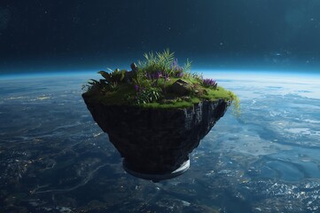 A lush floating island ecosystem suspended in the vastness of space above earth