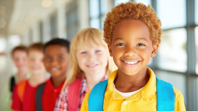Smiling children in a bright school hallway during a fun learning activity - Powered by Adobe