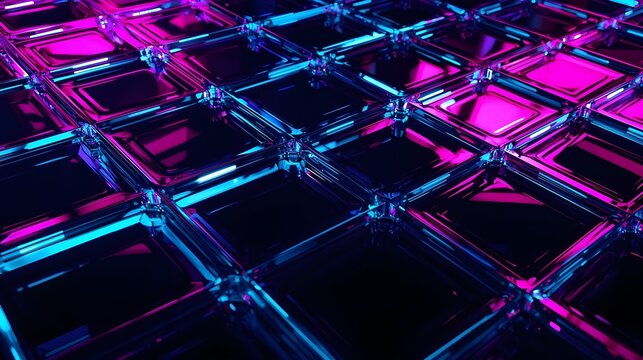 Abstract geometric pattern of glossy cubes reflecting vibrant pink and blue neon lights, suggesting a futuristic digital landscape or technological innovation