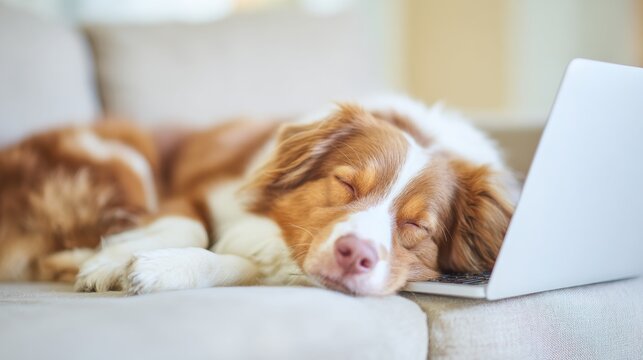 Sleeping dog rests on couch beside laptop in cozy living room - Powered by Adobe
