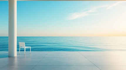 White terrace with empty chair overlooking sea with blue sky and calm water creating serene atmosphere and peaceful environment for relaxation