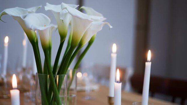 Elegant floral arrangement of white calla lilies and lit candles on a wooden table