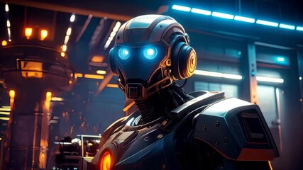 Advanced futuristic robot warrior with glowing lights in a high tech environment; cybernetic android with metallic armor and advanced technology. - Powered by Adobe