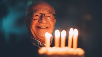 Celebration with joyful elderly man smiling at birthday cake candles