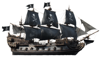 Pirate ship sailing on ocean with skull and crossbones flag against cloudy sky on high seas a symbol of piracy adventure