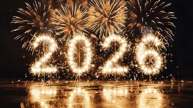 Golden fireworks display spelling out the year 2026 against a dark night sky with reflection on water surface