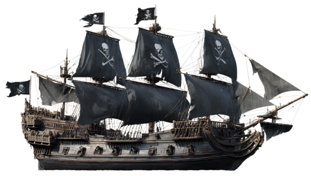 Pirate ship sailing on ocean with skull and crossbones flag against cloudy sky on high seas a symbol of piracy adventure