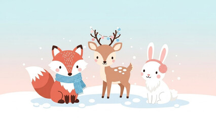 Naklejka premium Cute winter animals vector illustration fox deer rabbit winter scene christmas holiday season woodland art