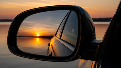 Breathtaking sunset reflects in a car's side mirror, capturing a moment of serenity and wanderlust on a road trip, evoking feelings of freedom and peace at golden hour