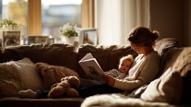 Mother and child enjoy quiet reading time on cozy couch in warm living room