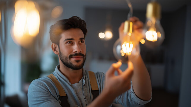 Faceless Hispanic electrician replacing light fixture in living room defocused residential interior background electrical installation work home renovation electrical