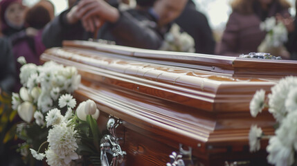 People stand near the coffin of the deceased. Farewell ceremony.