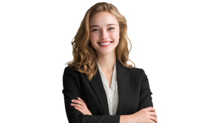 Smiling blonde woman wearing blazer posing with crossed arms confident female professional expressing positivity at camera