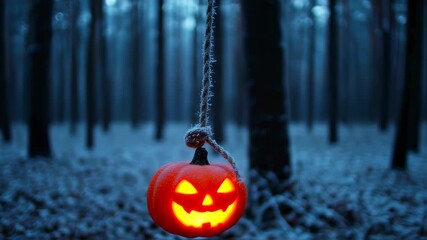 A glowing carved pumpkin hangs from a rope in a spooky, snow-covered forest with blurred trees - Powered by Adobe
