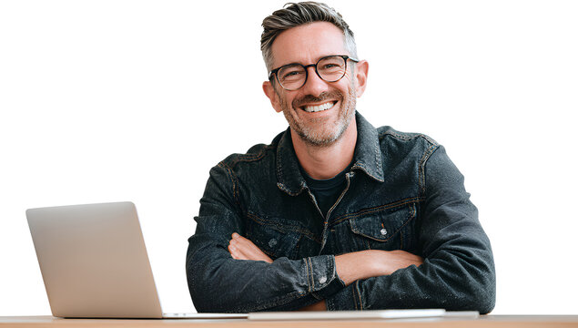 Smiling attractive man with glasses using laptop on transparent background isolated