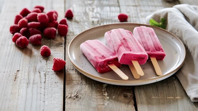 A rustic wooden table with a plate of pink popsicles and raspberries on it. The popsicle on the plate is a pinkishred fruit, possibly raspberry, with a smooth texture and a glossy finish.
