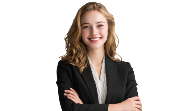 Smiling blonde woman wearing blazer posing with crossed arms confident female professional expressing positivity at camera