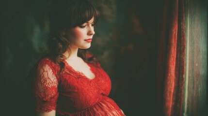 Expecting mother in elegant red dress gazes thoughtfully by window
