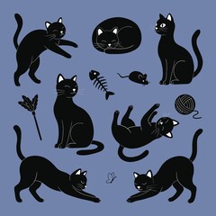Minimalist Black Cat Line Art Collection. Hand Drawn Stickers Playful and Sleeping Cats