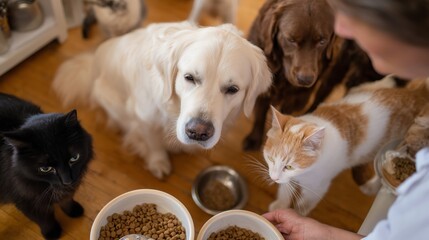 Multiple pets eagerly waiting for food in a cozy indoor setting during mealtime