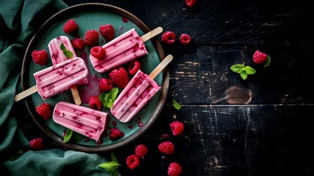 Aerial view of raspberry popsicles on a green plate with mint leaves and raspberries on a dark wooden surface. The popsicles are a vibrant pinkishred color.