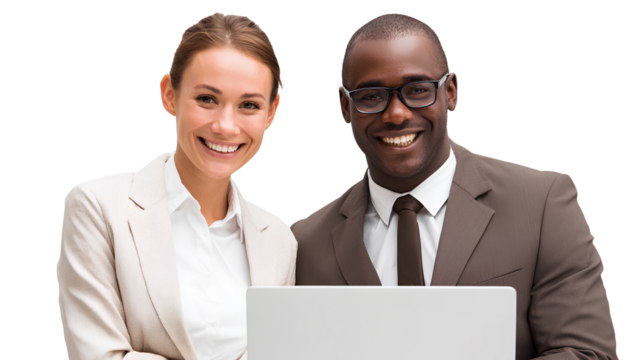 Smiling Business People Holding Laptop Isolated on Transparent Background for Diverse Team Concepts at Studio Shot