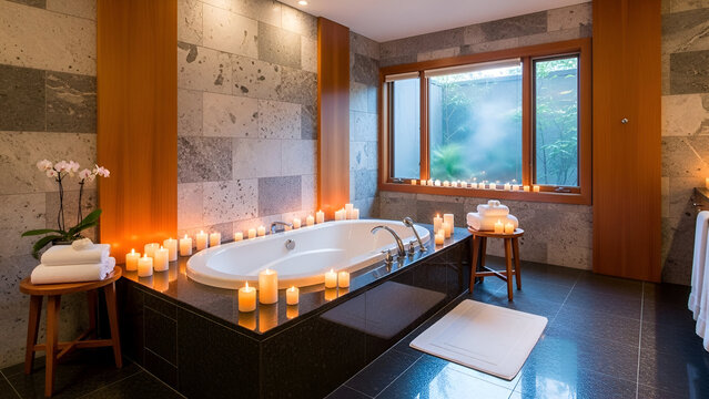 Relaxing bath with glowing candles in modern serene bathroom creating a spa atmosphere, perfect for luxurious self-care and peaceful moments in upscale home - Powered by Adobe