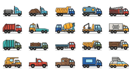 Collection of pixel art truck icons showcasing various commercial and industrial vehicles. This set includes dump trucks, fire engines, semi-trailers, and more, all in a colorful 8-bit style