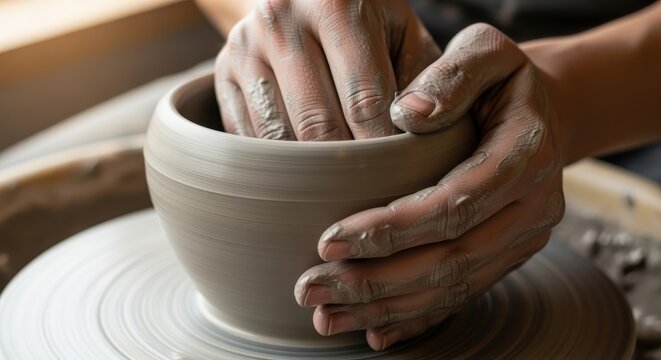 Close-up of a person's hands shaping a clay pot on a spinning potter's wheel, creating pottery art. - Powered by Adobe
