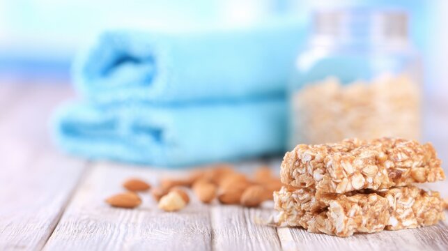 Healthy snack with granola bars and almonds on wooden table - Powered by Adobe