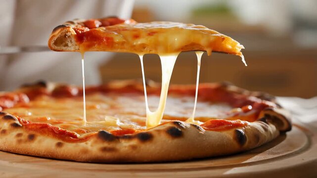 Close-up of hot cheese pizza slice lift with stretchy melted cheese pull on wooden board