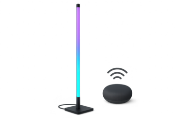 Modern smart LED floor lamp and speaker isolated on transparent background.