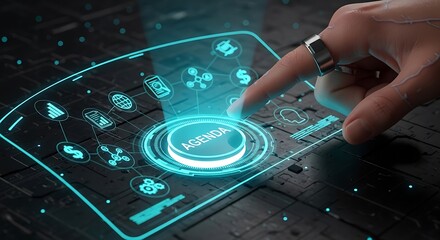 Futuristic technology interface with finger pressing button representing innovation automation and modern solutions for business and industry applications with glowing icons
