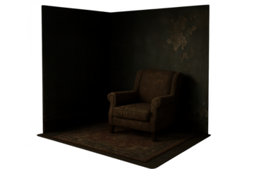 Dark old armchair and distressed rug, isolated on transparent background