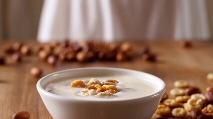 Close-up slow motion of colorful assorted cereal and nuts falling into creamy milk bowl with natural warm light - Powered by Adobe