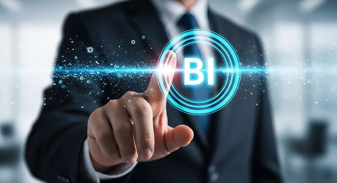 Business intelligence concept businessman interacting with a digital bi interface highlighting data analysis and strategic decision making in a modern office environment - Powered by Adobe