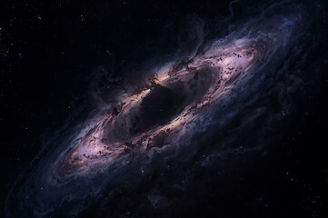 Vast cosmic nebula swirls with pink and purple hues against a deep black starry expanse