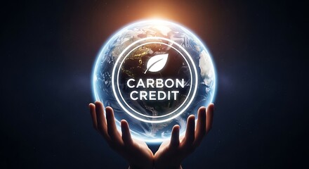 Hands holding a glowing earth globe with carbon credit text symbolizing environmental sustainability and carbon offset programs for a greener future