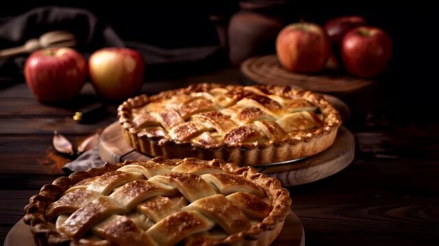A closeup of a freshly baked apple pie on a wooden surface. The pie has a goldenbrown crust with a lattice pattern on top. The background is dark, emphasizing the pies details.