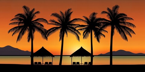 Four silhouetted palm trees and two beach huts with chairs line a tropical beach under a vibrant sunset sky