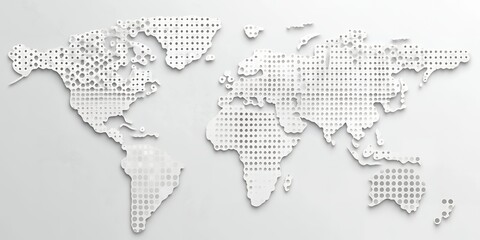 Fototapeta premium Stylized white world map with continents a gray dotted pattern and paper cut effect Presented on a light gray background