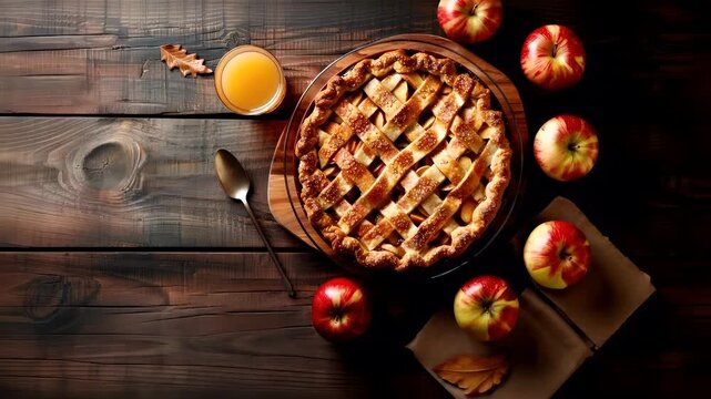 A topdown view of a rustic wooden table showcasing a freshly baked apple pie with a lattice crust. The pie is placed on a wooden surface, and theres a glass of orange juice beside it.