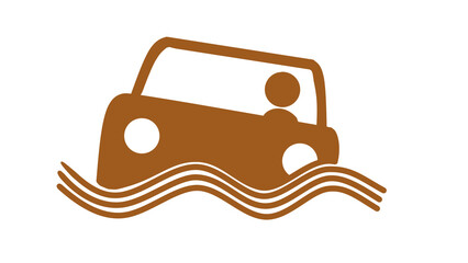Car Flooding Graphic Illustration, Brown Vehicle Driving Through Rising Water, Icon for Disaster, Caution, Risk Management, Transparent PNG