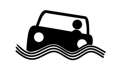 Black and white icon of car driving through flood water - simple vector image symbolizing danger and safety - transparent background.