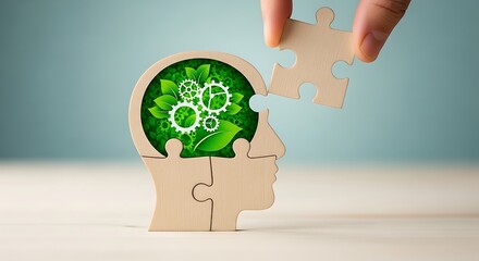 Human head puzzle with green gears and leaves symbolizing mental health innovation and environmental awareness in a creative concept