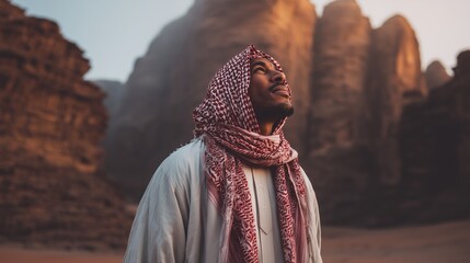 Man gazing at towering rock formations during sunset in a desert landscape
