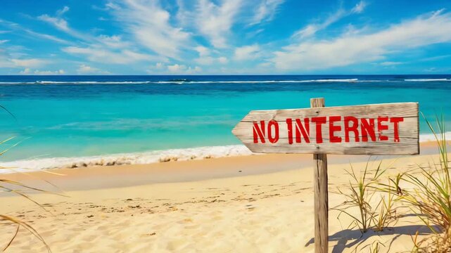 Weathered wooden &ldquo;No Internet&rdquo; sign by turquoise waves and golden sand, symbolizing digital detox, relaxation, and unplugged beach escape