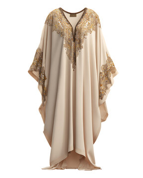 Elegant embroidered kaftan dress with intricate gold and floral designs